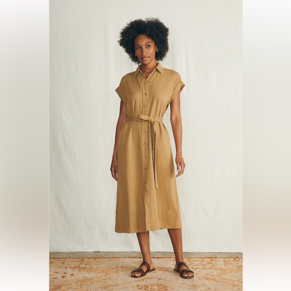 Faherty Button-Front Midi Shirtdress in Mustard Tan
